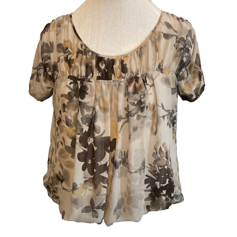 A.N.A. Sheer Top Size XL Gray Brown Cap Sleeve Elastic Waist Scoop Neck